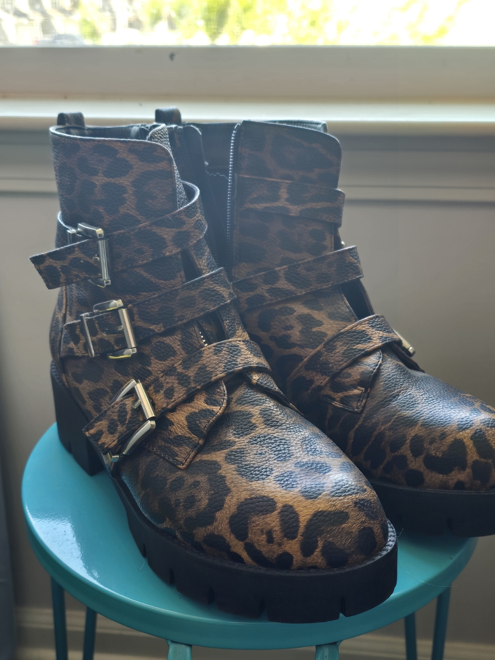 Leopard Print Buckle Ankle Boots - Brown